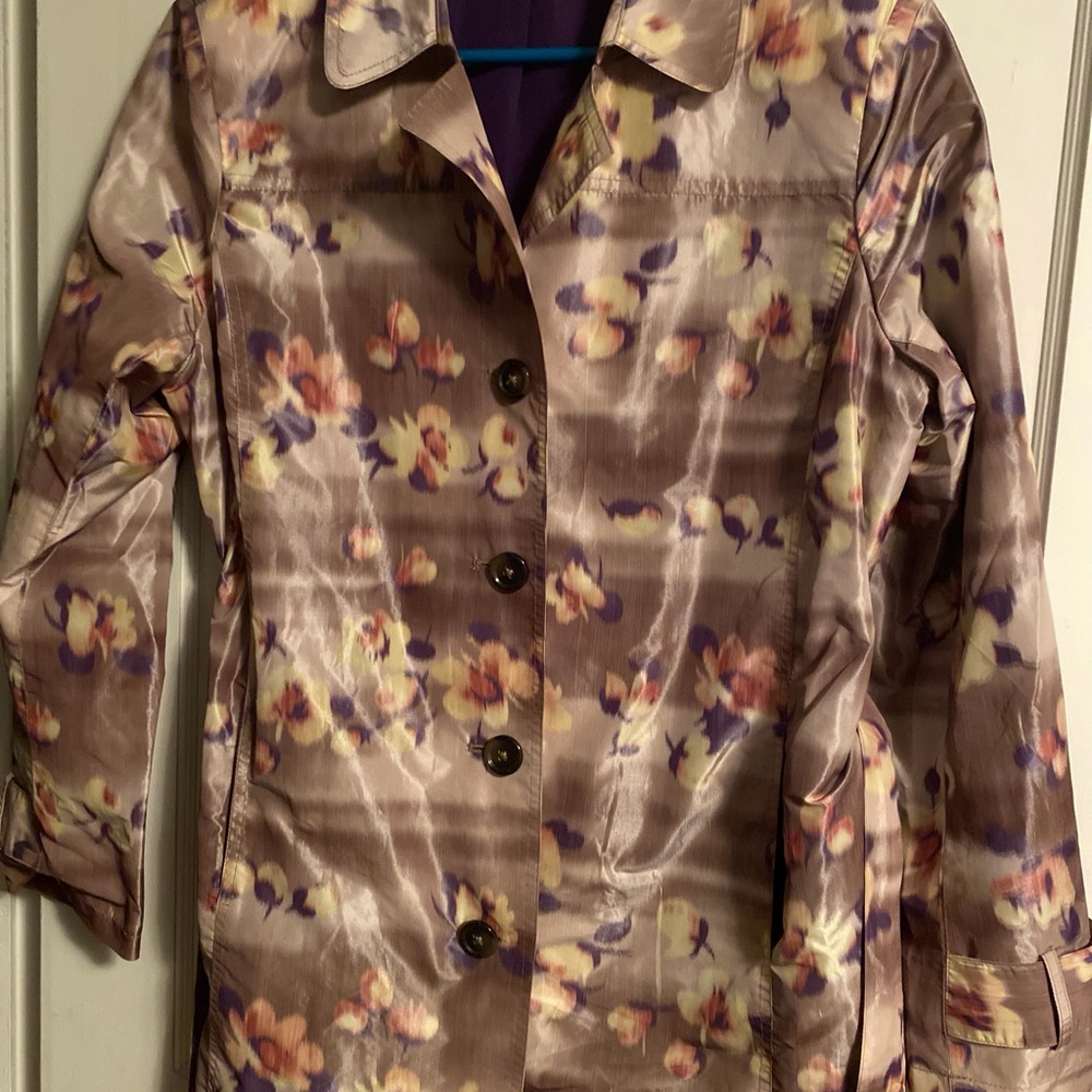 Coldwater Creek Floral Satin Trench Coat - Purple and Cream